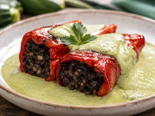PIMIENTOS RELLENOS DE MORCILLA CON SALSA DE CALABACÍN