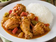 POLLO GUISADO CON ACOMPAÑAMIENTO DE ARROZ BLANCO AL VAPOR