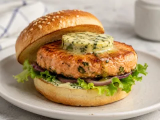 HAMBURGUESA DE SALMÓN CON MANTEQUILLA DE HIERBAS
