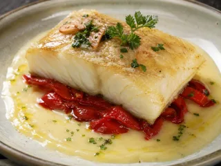 BACALAO CONFITADO CON PIMIENTOS ROJOS  Y EMULSIÓN  AL PIL-PIL      