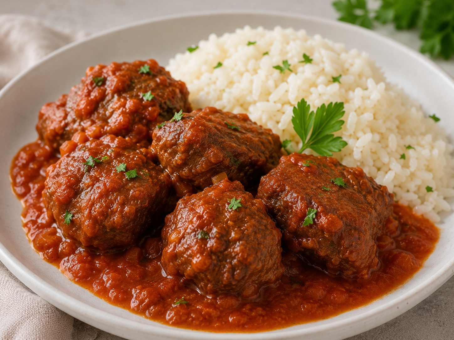 CARRILLADAS DE CERDO CON TOMATE Y GUARNICIÓN DE ARROZ BLANCO