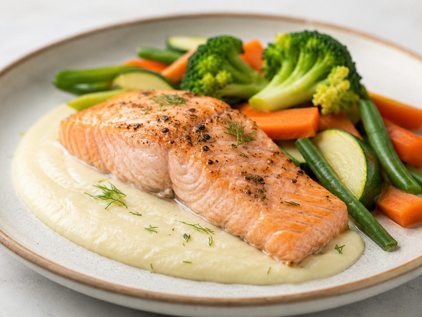 CREMA RÁPIDA Y SALMÓN AL VAPOR CON VERDURAS